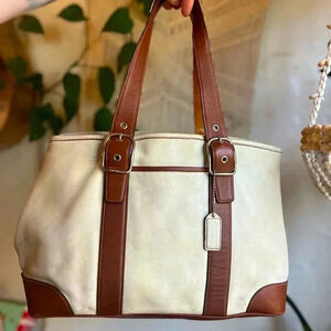 Coach Y2K Hampton Carryall Leather Tote Shoulder Bag | White Tan | Silver